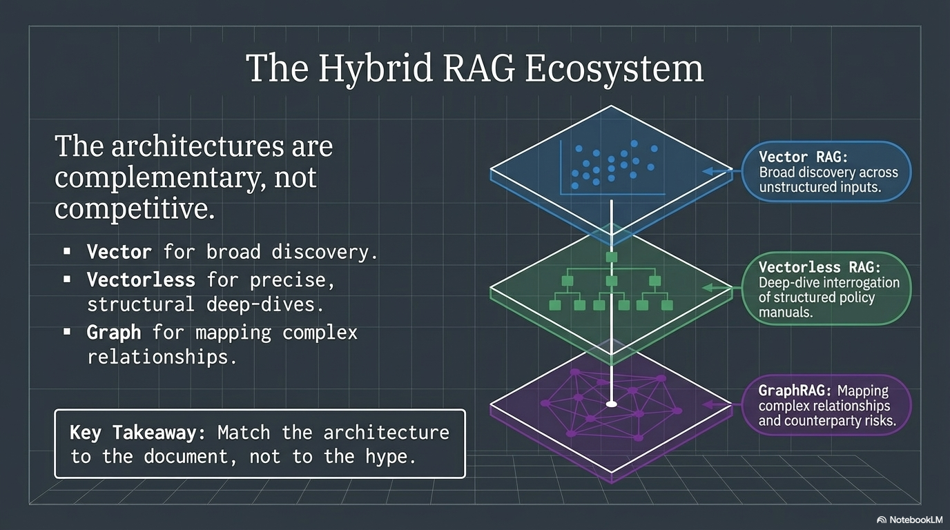 The architectures are complementary, not competitive — Vector for discovery, Vectorless for precision, Graph for relationships